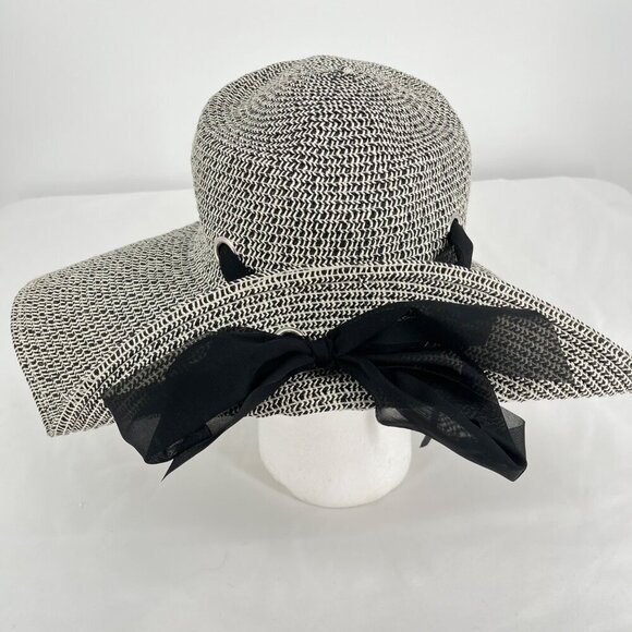 Black and White Paper Straw Woven Wide Brim Sun Hat - Picture 4 of 6